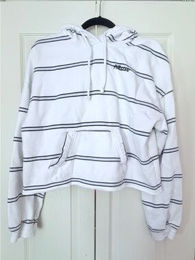 Hollister White Hoodie with navy and pale blue Stripes